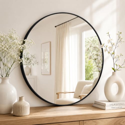 Garvee 24 Inch Round Wall Mirror Black Metal Frame Circle Bathroom Mirror Decor - color: Black, size: 24"L x 24"W