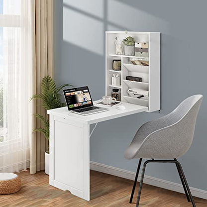 GOFLAME Wall Mounted Folding Desk, 3-Tier Tilt Storage Partition With Adjustable Shelves, Space-Saving Floating Laptop Desk, Convertible Writing Table for Home Office, White - color: White
