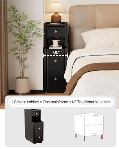 Solid Wood Narrow Nightstand with 3 Drawers,Modern Black,Fully Assembled | Narrow night stand,gold handles,open Shelf,skinny bedside table,slim nightstand for bedroom storage,space-saving storage - color: Black（15.75"d X 7.87"w X 23.62"h）