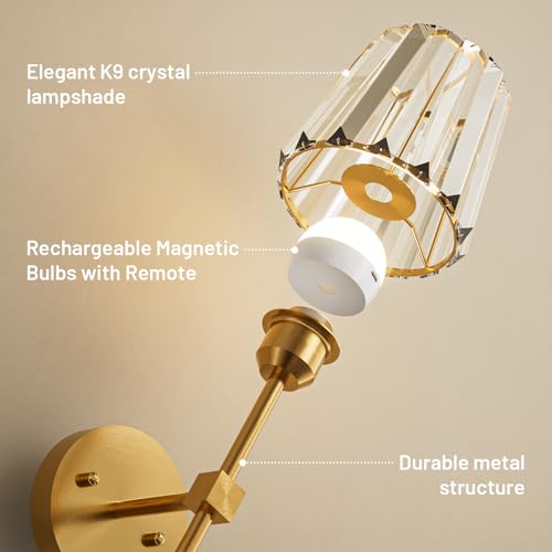 Crystal Battery Operated Wall Sconces Set of 2, Gold Rechargeable Wireless Wall Sconce Lights with Crystal Lampshade, 12 RGB and 3CCT Dimmable Wall Lamps with Remote for Bedroom Living Room Hallway - color: Gold