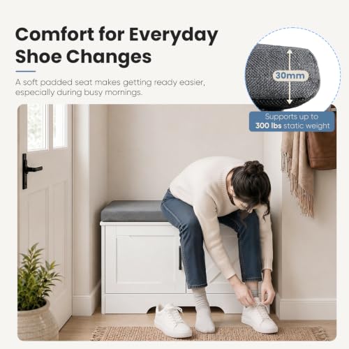 DUMOS 28" Shoe Storage Bench, Entryway Shoe Organizer Cabinet with Padded Seat Cushion, Adjustable Shelf and 2 Doors, Compact Storage Bench for Small Spaces, Hallway, Bedroom, Living Room, White - size: 28 inches