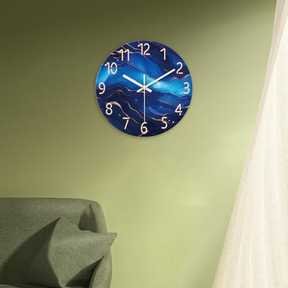Glass Wall Clocks Battery Operated 12 Inch | Blue Marble Wall Clock for Kitchen Bedroom Office Abstract Analog Silent Wall Clock Non Ticking - color: Blue1, size: 12 Inch