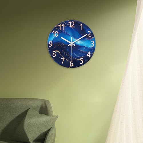 Glass Wall Clocks Battery Operated 12 Inch | Blue Marble Wall Clock for Kitchen Bedroom Office Abstract Analog Silent Wall Clock Non Ticking - color: Blue1, size: 12 Inch