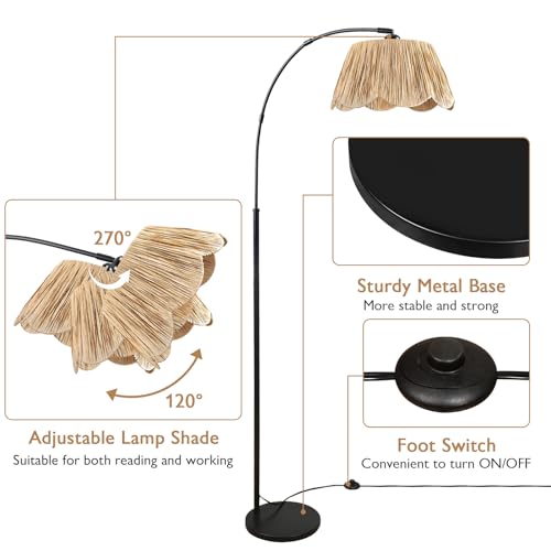 Boho Rattan Floor Lamps for Living Room,Arc Floor Lamp with Hand Woven Shade,70'' Tall Lamp with Black Metal Stand,Foot Switch,Farmhouse Standing Lamp for Bedroom,Over Couch Reading Light,Nursery