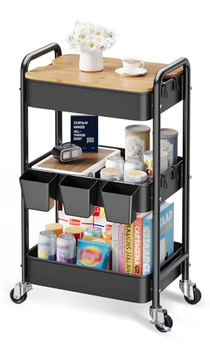 3 Tier Rolling Cart with Wood Table Top, Rolling Cart Table on Lockable Wheels,Rolling Side Table with Storage, Black Utility Carts for Arts and Crafts, Dorm, Medica, Laundry Room, Roller Book Shelf - color: Black