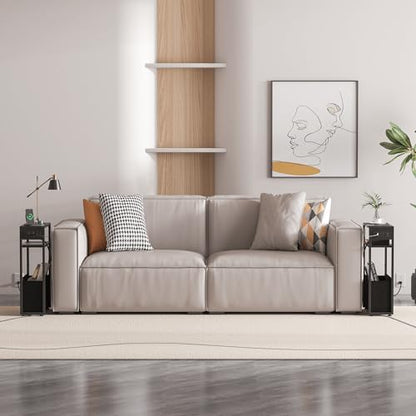 Leomonio Narrow Side Table with Charging Station, Slim End Tables with Linen Basket, Skinny Table for Small Spaces, Thin Bedside Table for Living Room, Bedroom - color: Ebony Black + Slate Gray - Outlet