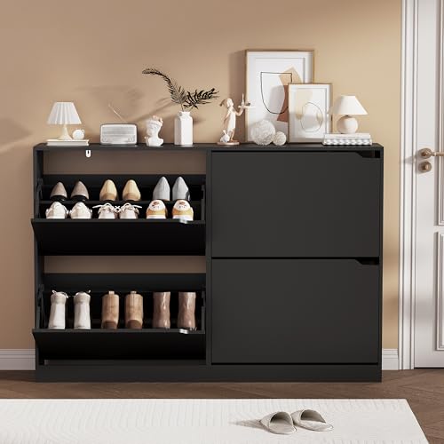 Black Hidden Shoe Storage Cabinet for Entryway with 4 Flip Drawers | Slim & Narrow Design Saves Space, Adjustable Shelves Fit Various Shoes, Ventilation Reduces Odors, Anti-Tip Safety - color: Black, size: Regular 4 Drawers