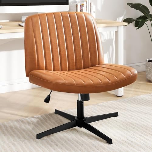 DUMOS Criss Cross Chair No Wheel Legged Office Wide Comfy Desk Vanity Chair, Armless Computer Task Seating PU Leather, Swivel Home Height Adjustable for Bedroom, Study, Brown No Wheel - color: Brown No Wheel