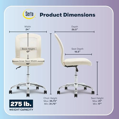 Serta Armless Small Home Desk Chair with Wheel, Ergonomic Mesh Office Chair | Essentials, Leather & Foam Cushioned Seat, Adjustable Height, Bedroom & Small Space Vanity Chair, 360° Swivel, Cream White - color: Cream White