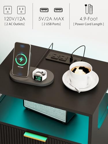 Leomonio Nightstand with Charging Station and LED Lights, Modern Bedside Table with 2 Storage Drawer and Open Wood Shelf for Bedroom and Small Spaces, Night Stand with Solid Wood Legs - color: Black-outlet