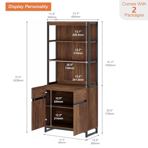WAMPAT Modern 72" Tall Bookshelf with Metal Base and Adjustable Shelves, Library Bookcase with Storage Cabinet and Open Book Shelfs, Wood Book Shelf for Home Office, Living Room, Brown - color: Brown-a, size: 1 PCS