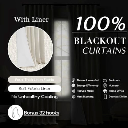 Cream Linen Blackout Curtains 84 Inches Long, Thermal Insulated Energy Efficient Drapes, Rustic Farmhouse Back Tab Pleated Black Out Window Curtain for Bedroom Living Room 2 Panels Set - color: Cream, size: 50"W x 84"L (Pack of 2)