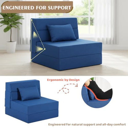 Fvkind Folding Sofa Bed with Pillow, Washable Cover, Single Size, Blue | Linen-Like Fabric - Foldable Space-Saving Design - Portable Guest Bed - Living Room & Apartment - Adults & Guests - color: Blue, size: Single
