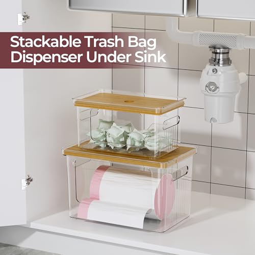 Delamu 2 Pack (XL+S) Trash Bag Dispenser, Stackable Garbage Bag Holder | Clear Acrylic Organizer Bins for Under Sink Organization, Pantry Storage, Cabinet, Kitchen, Laundry, Bathroom - size: XL+S-2 Pack