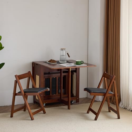 VINGLI Folding Dining Table Set Extendable Drop Leaf Solid Wood Foldable Table 5 Piece with 4 Chairs 2 Drawers and Wheels for Kitchen Space Saving,Walnut