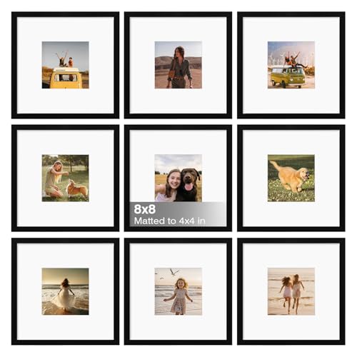 8x8 Frame Set of 9, 8 by 8 Square Picture Frames with Plexiglass for Picture 4x4 with Mat or 8x8 without Mat, Art Collage for Wall Gallery and Tabletop Display, 8 x 8 Photo Frame Black - color: Black, size: 8x8