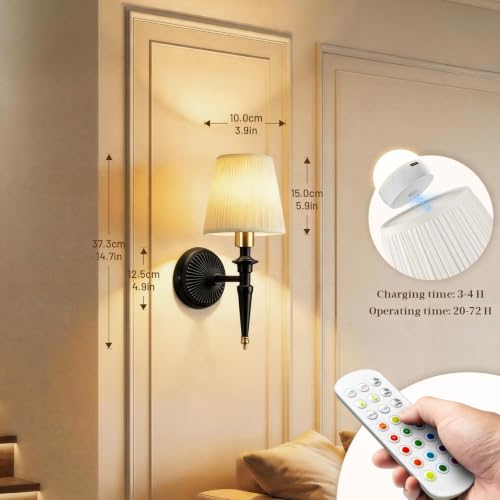 Battery Operated Wall Sconces Set of 2, Wireless Rechargeable Wall Lights with 12 RGB Colors and 3CCT Dimmable, Small Fabric LED Wall Lamps for Bedroom, Living Room, Hallway, Black Gold - color: Black Gold