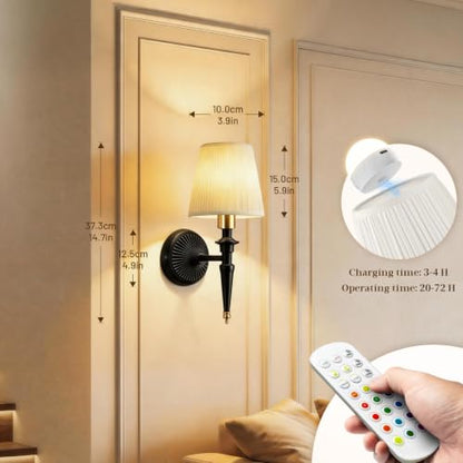 Battery Operated Wall Sconces Set of 2, Wireless Rechargeable Wall Lights with 12 RGB Colors and 3CCT Dimmable, Small Fabric LED Wall Lamps for Bedroom, Living Room, Hallway, Black Gold - color: Black Gold