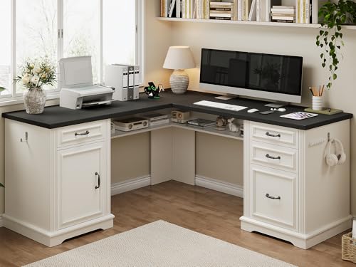 Farmhouse L Shaped Executive Desk with 4 Drawers, Home Office Desk with Hidden Under-Desk Storage Shelf and Charging Station, File Cabinet Storage, Wood Corner Computer Desk for Work(White+Black) - color: White+black
