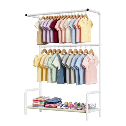 Kids Clothing Rack Double Rods for Bedroom Playroom White | Double Rod Design, Powder Coated Steel, Bottom Storage Shelf, for Baby Toddler Clothes, Dress Up, Nursery, Bedroom, Playroom - color: White