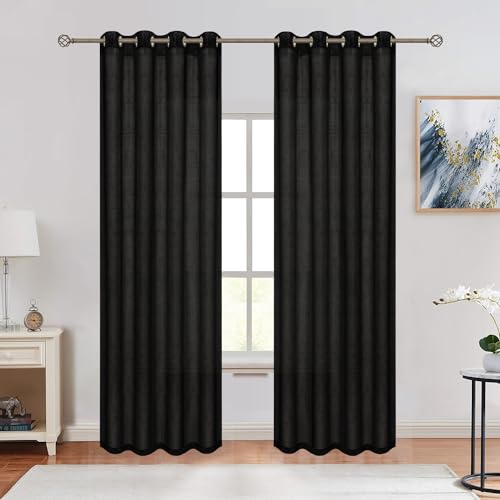 Sheer Curtains Faux Linen Semi Voile Light Filtering Drapes Pair for Bedroom Living Room, Set of 2 Grommet Top Window Curtain Panels (54 x 63 Inch,Black) - color: Black, size: 54"W x 63"L (Pack of 2)