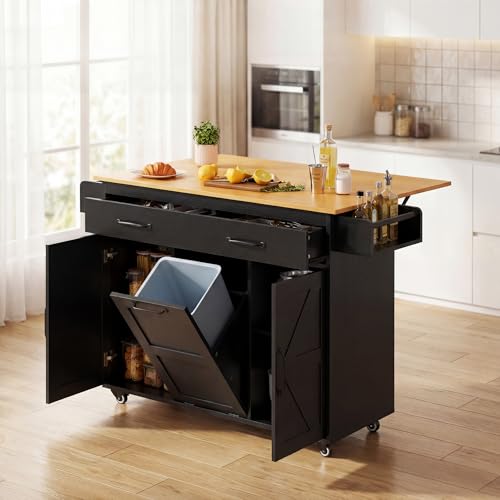 YESHOMY 56" Kitchen Island with Trash Can Storage, Drop Leaf Kitchen Island with Storage, 2 Drawers, 5 Wheels, Spice Rack & Towel Holder, Black and Yellow Oak - color: Black and Yellow Oak