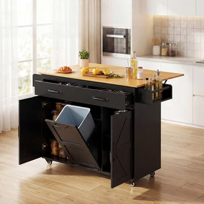 YESHOMY 56" Kitchen Island with Trash Can Storage, Drop Leaf Kitchen Island with Storage, 2 Drawers, 5 Wheels, Spice Rack & Towel Holder, Black and Yellow Oak - color: Black and Yellow Oak