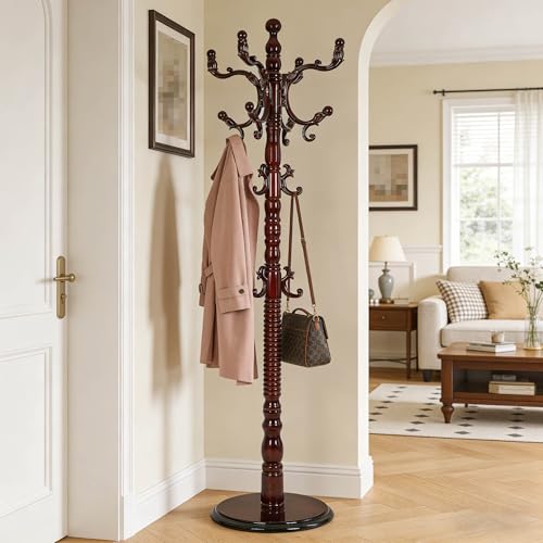 Wooden Coat Rack Freestanding with 18 Hooks, Adjustable Height Coat Tree Free Standing Heavy Duty for Entryway, Easy Assembly Solid Wood Sturdy Coat Hats Hanger Stand for Office Hallway Bedroom - color: Redwood-Resin Hook