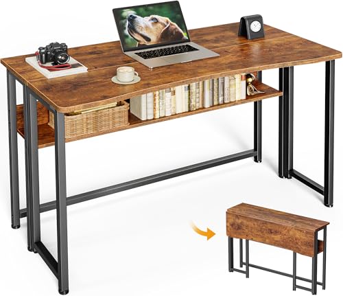 Huuger Folding Desk with Storage Shelf, 39.3 Inch Foldable Computer Table | Writing Work Office Computer Desk for Small Spaces, Space Saving Sofa Table for Couch, Easy to Fold, Rustic Brown - color: Rustic Brown, size: 18.5"D x 39.4"W