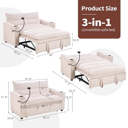 HAOMARKETS 3-in-1 Convertible Loveseat Sleeper Sofa Bed, 2-Seat Pull Out Couch with Cup Holders, Phone Holder and USB Ports, Corduroy 3-Level Adjustable Backrest Couches for Living Room, Beige - color: Beige, size: 56"(2-Seat)