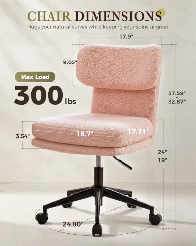 COMHOMA Vanity Chair with Ergonomic Curved Backrest, Home Office Desk Chair with Silent Wheel, Wide Seating Computer Chair for Girls Women Bedroom, Soft Teddy Fabric, Pink - color: Pink, Teddy Fleece
