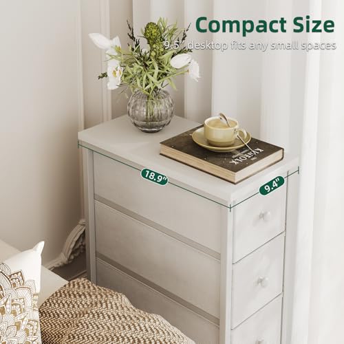 Narrow Dresser, 19" Wide Narrow Nightstand Dresser Storage Tower with 5 Drawers, Slim Fabric Dressers Chest of Drawers for Small Spaces, Wood Top & Fabric Bins for Bedroom Bathroom Closet (White) - color: White