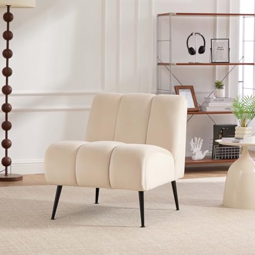 Velvet Slipper Chair, Armless Upholstered Accent Chair with Black Metal Legs, Modern Lounge Chair for Living Room, Bedroom, Office & Reading Nook (Beige+Metal) - color: Beige+metal