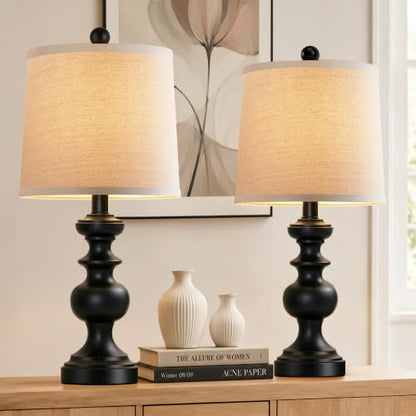 Farmhouse Table Lamp Set of 2, Rustic Table Lamps for Living Room Bedroom, 22" Mid Century Modern Desk Lamp Bedside Nightstand Lamps with Linen Tapered Drum Shades, Matte Black - color: Matte Black