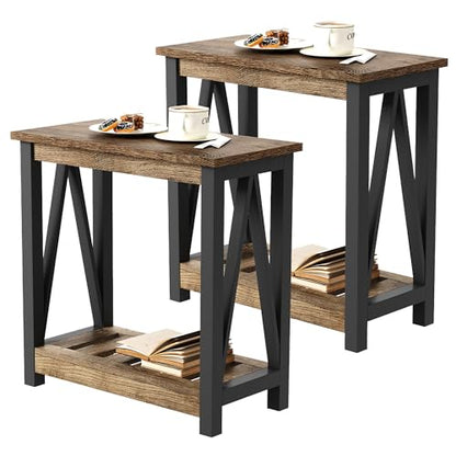 ChooChoo Farmhouse End Table Set of 2,Narrow Side Table | with Shelf ,Slim Bedside Table ,Small Spaces, Rustic Nightstand, Living Room, Bedroom ,Rustic Oak & Black - color: Rustic Oak & Black, size: 2 Pack