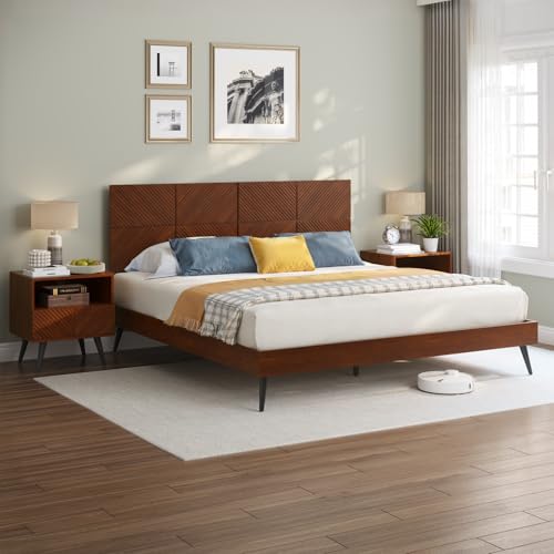 Bme Rhombus King Bed Frame – Solid Rubber Wood with Geometric Rhombus Headboard, Walnut Finish, Scandinavian Modern Platform Bed with Sturdy Slats & Metal Legs, No Box Spring Needed - color: Walnut, size: King, style: Scandinavian