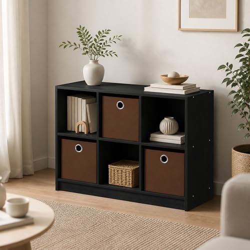 6-Cube Bookshelf with Storage Bins, Cube Bookcase, Book Shelf with Storage Bins, 11.9 x 31.6 x 23.6, for Living Room, Home Office, Americano - color: Americano/Medium Brown, size: 6 Cube