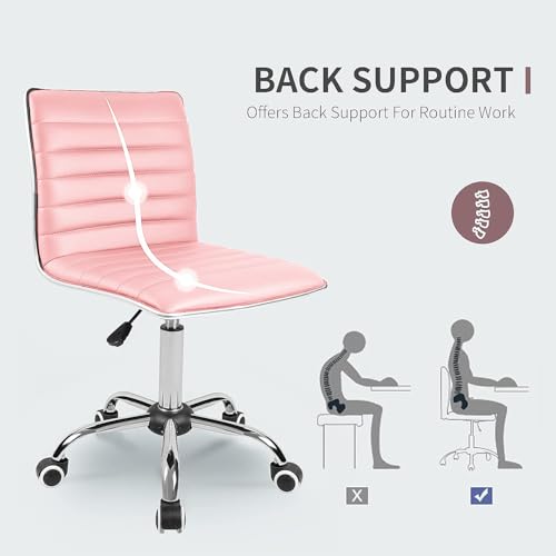 JUMMICO Armless Vanity Office Chair with Wheels, Small Cute Makeup Desk Chair Ribbed Leather Swivel Computer Task Chair (Pink) - color: Pink