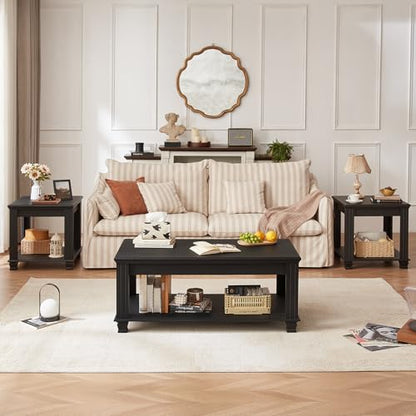 Farmhouse Coffee Table Set of 3, Black | Rustic Wood 3 Piece Coffee and End Table Sets with Open Shelf for Living Room - color: Black