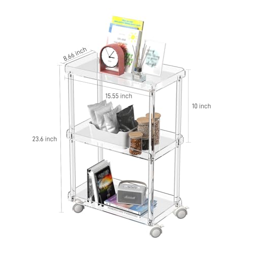 Aquiver Acrylic Slim Storage Cart - 3 Tier Utility Rolling Cart - for Kitchen, Bathroom, Living Room, Laundry, Narrow Places - 15.6'' L x 8.7'' W x 23.6'' H
