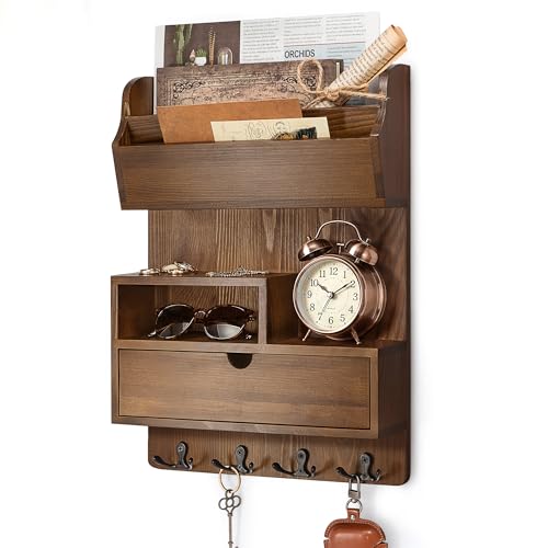 Rebee Vision Pine Wood Key Holder Wall Mount with Drawer & 4 Hooks, Brown | Farmhouse Mail and Key Organizer, 4 Key Hooks, Mail Sorter for Letters, Keep Small Essentials Tidy, Adds Retro Entryway Charm - color: Brown