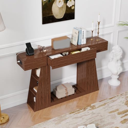 Console Table with Built-in Power Outlet, 60 Inch Narrow Farmhouse Sofa Table Behind Couch, Entryway Foyer Table with Side Storage Compartment & Slatted Bottom Shelf ，1PCS - color: Walnut