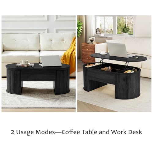 QHITTY Fluted Coffee Table with Lifting Top, Oval Wood Lift Top Coffee Table with Hidden Compartment, Mid Century Pull up Center Tables for Living Room, Office - Black - color: Round Table-black