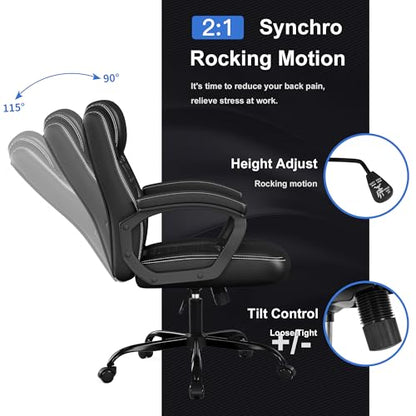 Misolant Office Chair, Executive Desk Chair, PU Leather Comfortable Executive Chairs with Fixed Armrest, Adjustable Height, Rocking Function, 360° Swivel Wheels, Black - color: Black