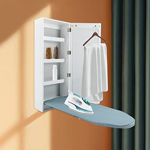 Wall Mounted Ironing Board with Storage Cabinet Built in Swivel Ironing Board with 3Tier Shelf & Dressing Mirror for Home Apartment & Small Spaces