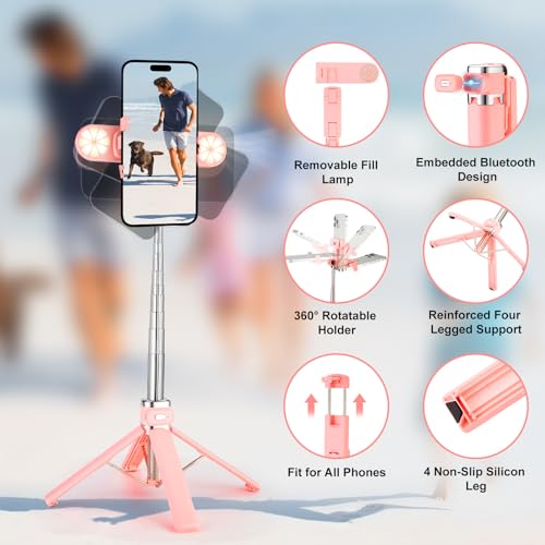 Mini Phone Tripod Stand,MQOUNY 38" Phone Tripod &Selfie Stick with Wireless Rechargeable Remote & Removable Light, Extendable Tripod Stand 360 Rotation Compatible with Phone&Android (MEI-Pink) - color: MEI-Pink
