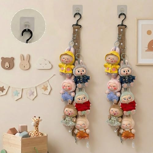 Plush Doll Hanging Storage Rope Display Rack with 8 Clips – Wall Hanging Organizer for Keychain Plushies, Mini Toys– Holds up to 3kg (Brown) - color: Brown
