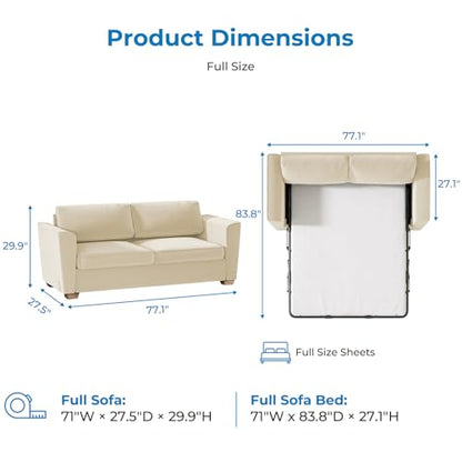 Full Size Pull Out Sleeper Sofa Bed 71" W with Memory Foam Pillows and Mattress, Convertible 2-in-1 Loveseat Sofa Sleeper Couch with Pullout Beds for Living Room Apartment Small Spaces, Beige