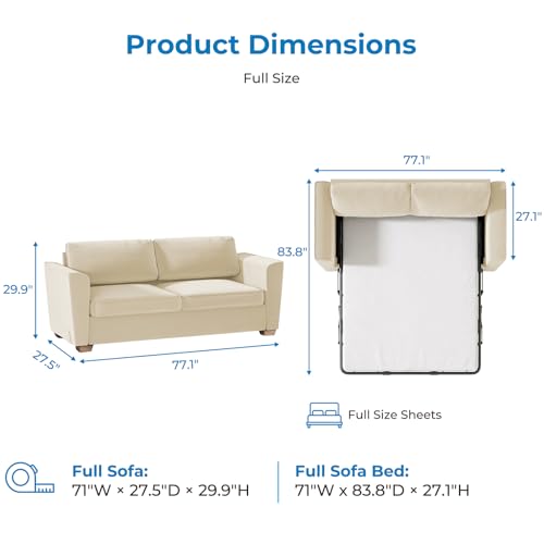 Full Size Pull Out Sleeper Sofa Bed 71" W with Memory Foam Pillows and Mattress, Convertible 2-in-1 Loveseat Sofa Sleeper Couch with Pullout Beds for Living Room Apartment Small Spaces, Beige