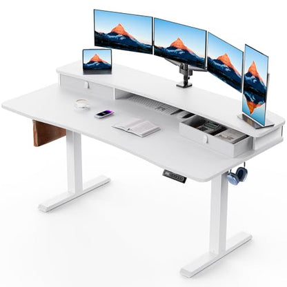 HUANUO 60″ x 30″ Electric Standing Desk with 2 Drawers, C-Clamp Mount Compatible, Height Adjustable Computer Desk, Home Office Stand Up Desk with 4 Preset Heights & 2 Hooks, White - color: White, size: 60" X 30"